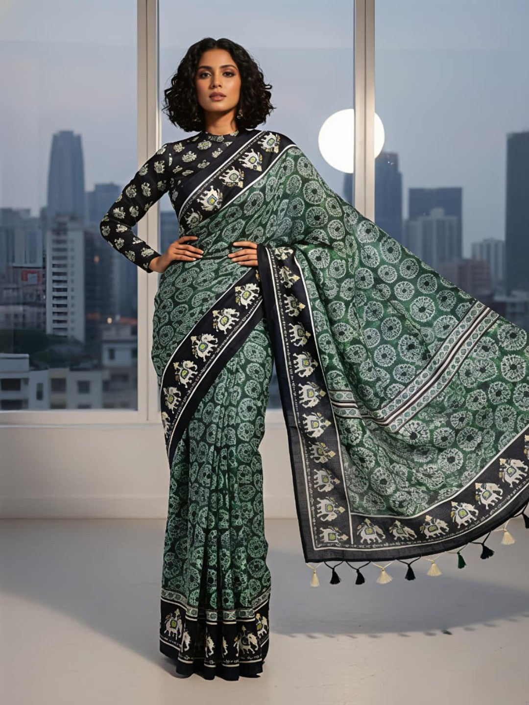 Elegant Green Mysore Silk Saree with Traditional Ikkat Print - Image 1