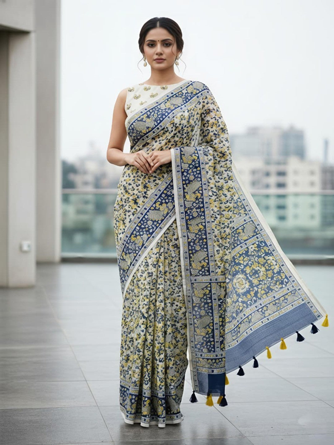 Elegant Multicolor Mysore Silk Saree with Floral Printed Peacock Motif Border - Image 1