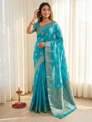 Blue Cotton Silk Saree Adorned With Floral Zari Weave - Image 1