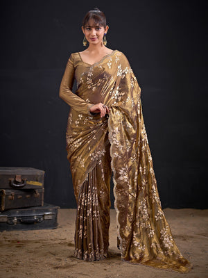 Designer Dark Mustard Satin Silk Saree With Leaf Foil Print & Stone Work Border - Image 1