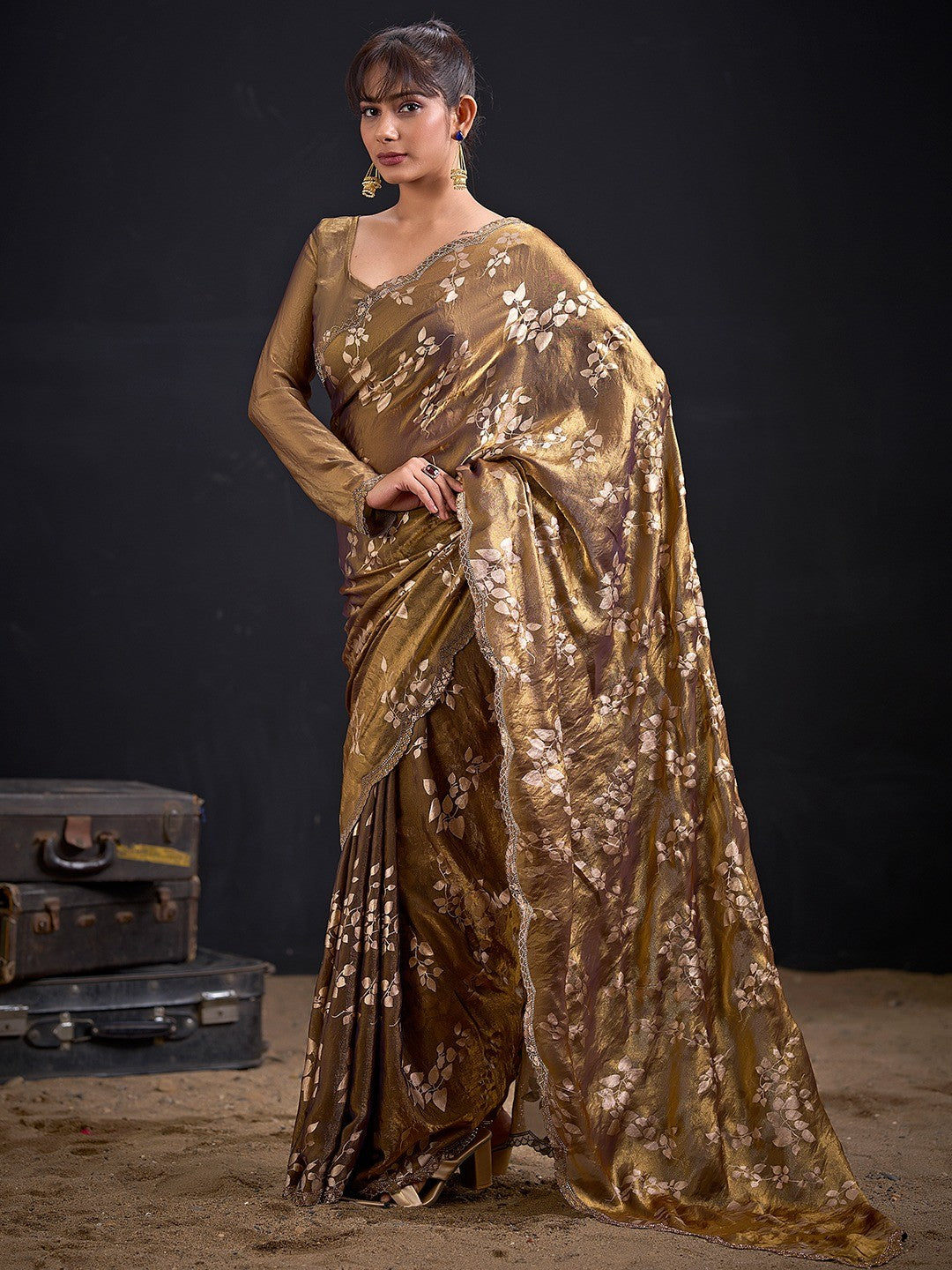 Designer Dark Mustard Satin Silk Saree With Leaf Foil Print & Stone Work Border - Image 3