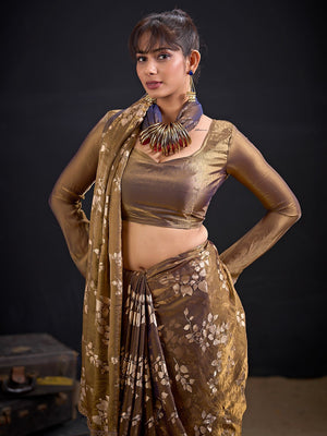 Designer Dark Mustard Satin Silk Saree With Leaf Foil Print & Stone Work Border - Image 2