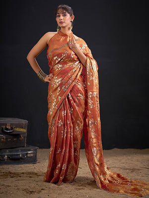 Designer Rust Orange Satin Silk Saree With Leaf Foil Print & Stone Work Border - Image 1