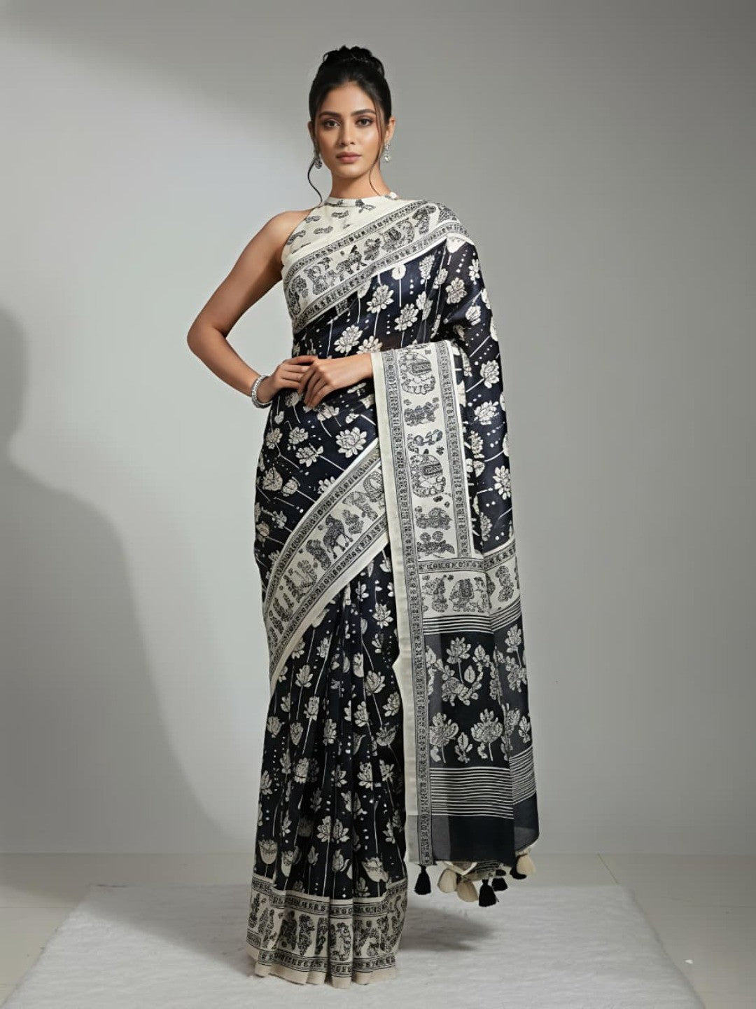 Elegant Black Mysore Silk Saree with Traditional Printed Motifs - Image 1