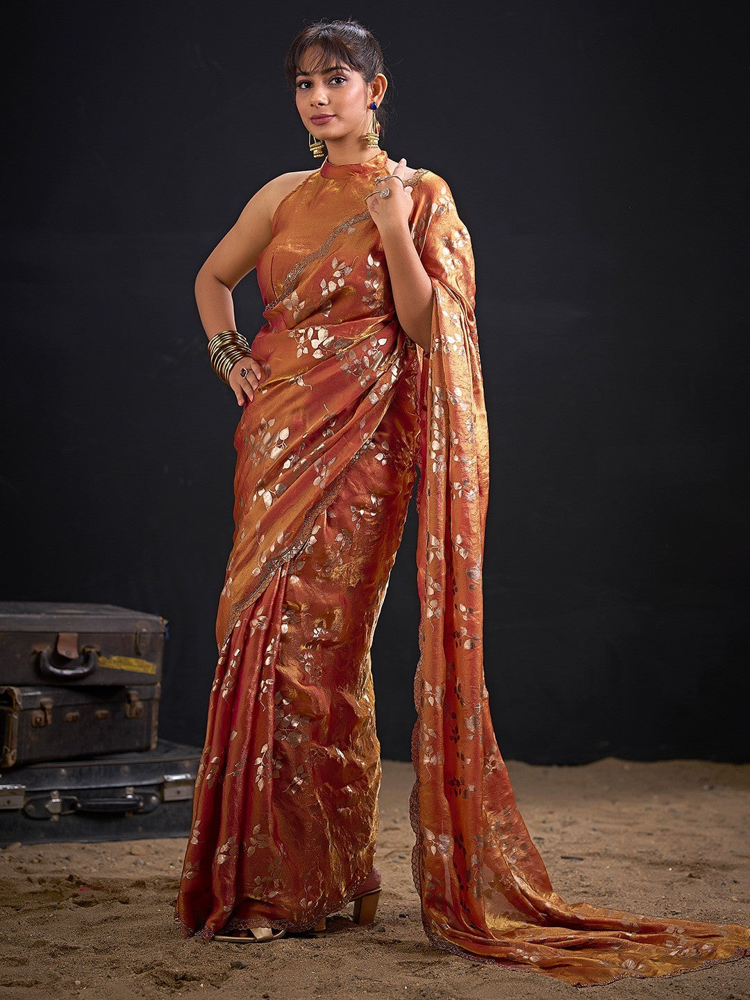 Designer Rust Orange Satin Silk Saree With Leaf Foil Print & Stone Work Border - Image 5