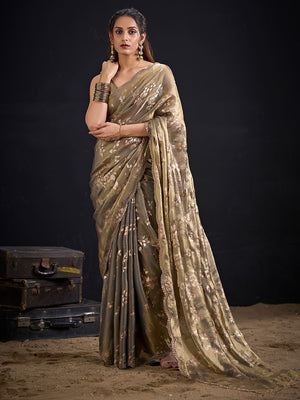 Designer Grey Satin Silk Saree With Leaf Foil Print & Stone Work Border - Image 1