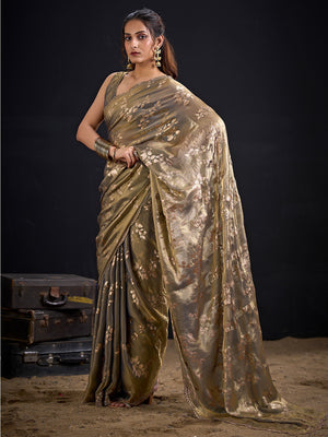 Designer Grey Satin Silk Saree With Leaf Foil Print & Stone Work Border - Image 2