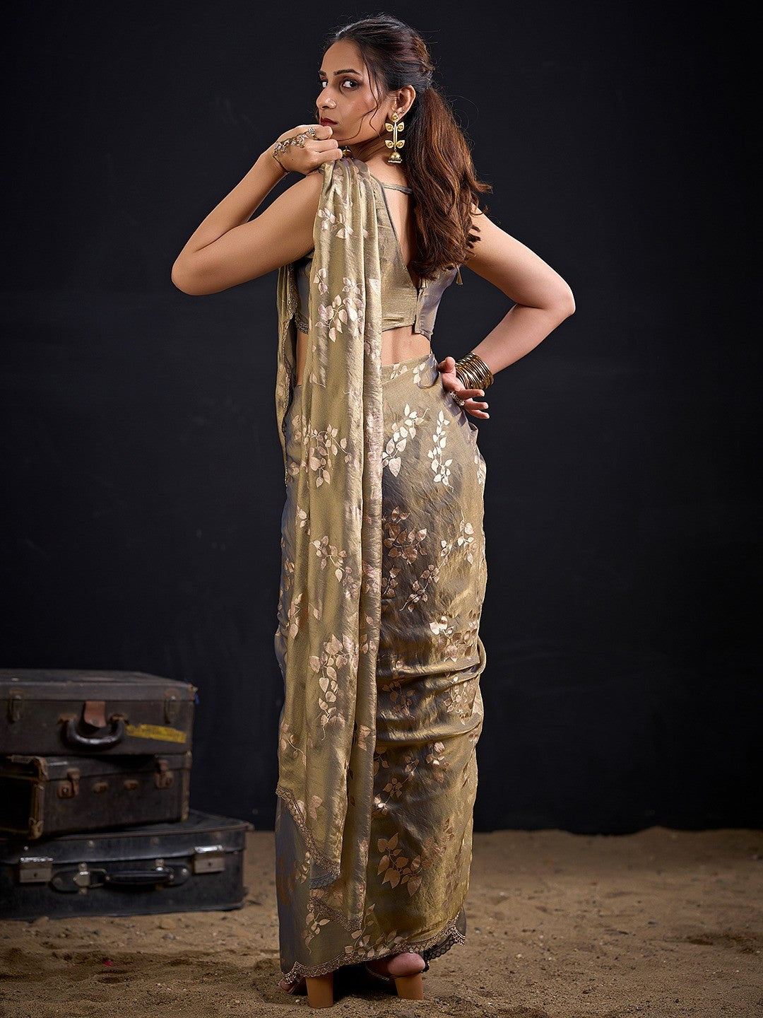 Designer Grey Satin Silk Saree With Leaf Foil Print & Stone Work Border - Image 4