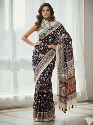 Elegant Black Mysore Silk Saree with Floral Print and Peacock Border - Image 1