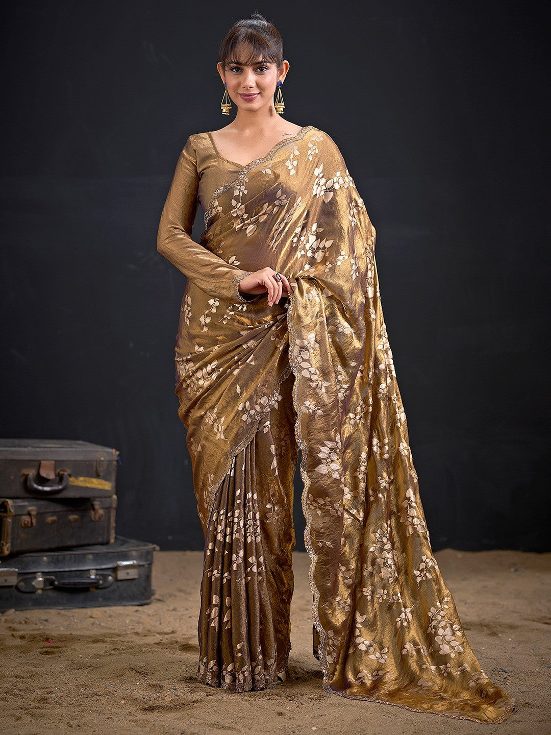 Designer Brown Satin Silk Saree With Leaf Foil Print & Stone Work Border - Image 1