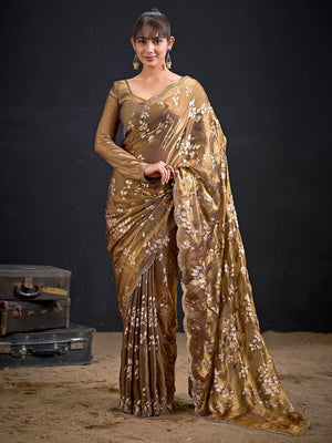 Designer Brown Satin Silk Saree With Leaf Foil Print & Stone Work Border - Image 1