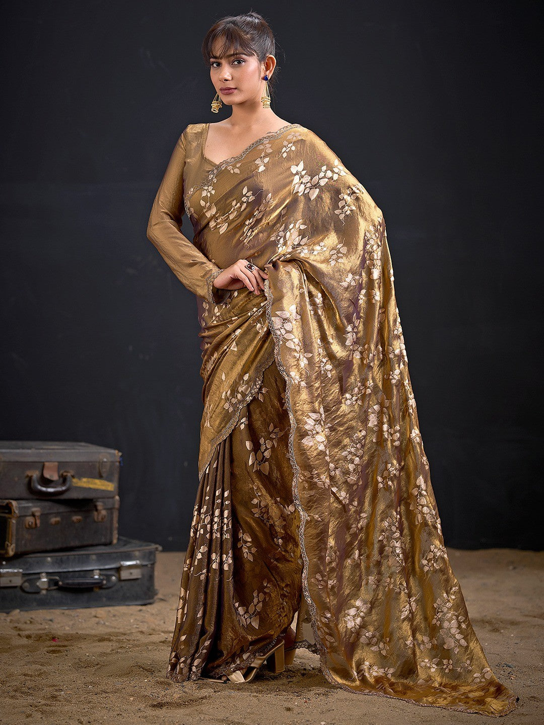 Designer Brown Satin Silk Saree With Leaf Foil Print & Stone Work Border - Image 7