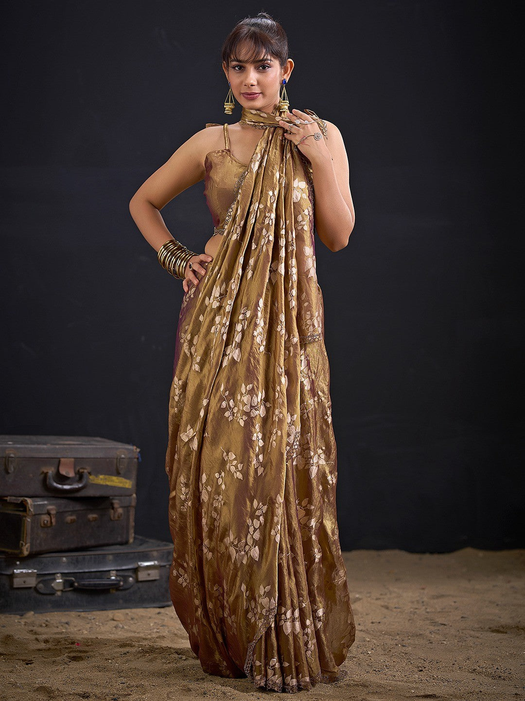 Designer Brown Satin Silk Saree With Leaf Foil Print & Stone Work Border - Image 5