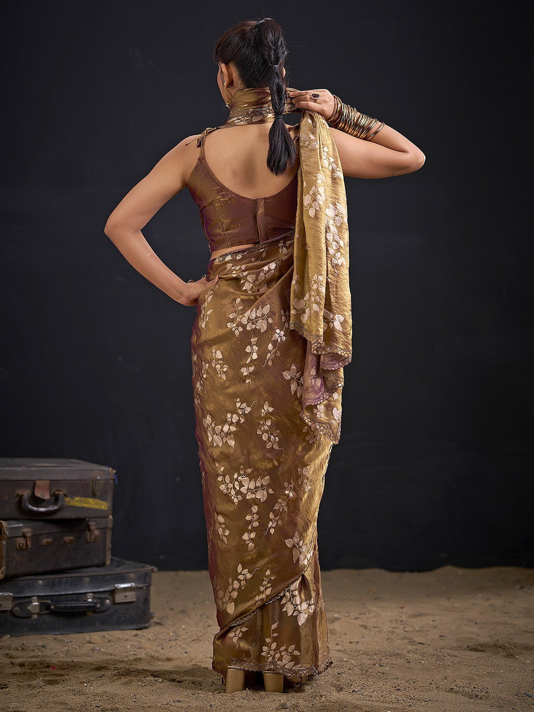 Designer Brown Satin Silk Saree With Leaf Foil Print & Stone Work Border - Image 4
