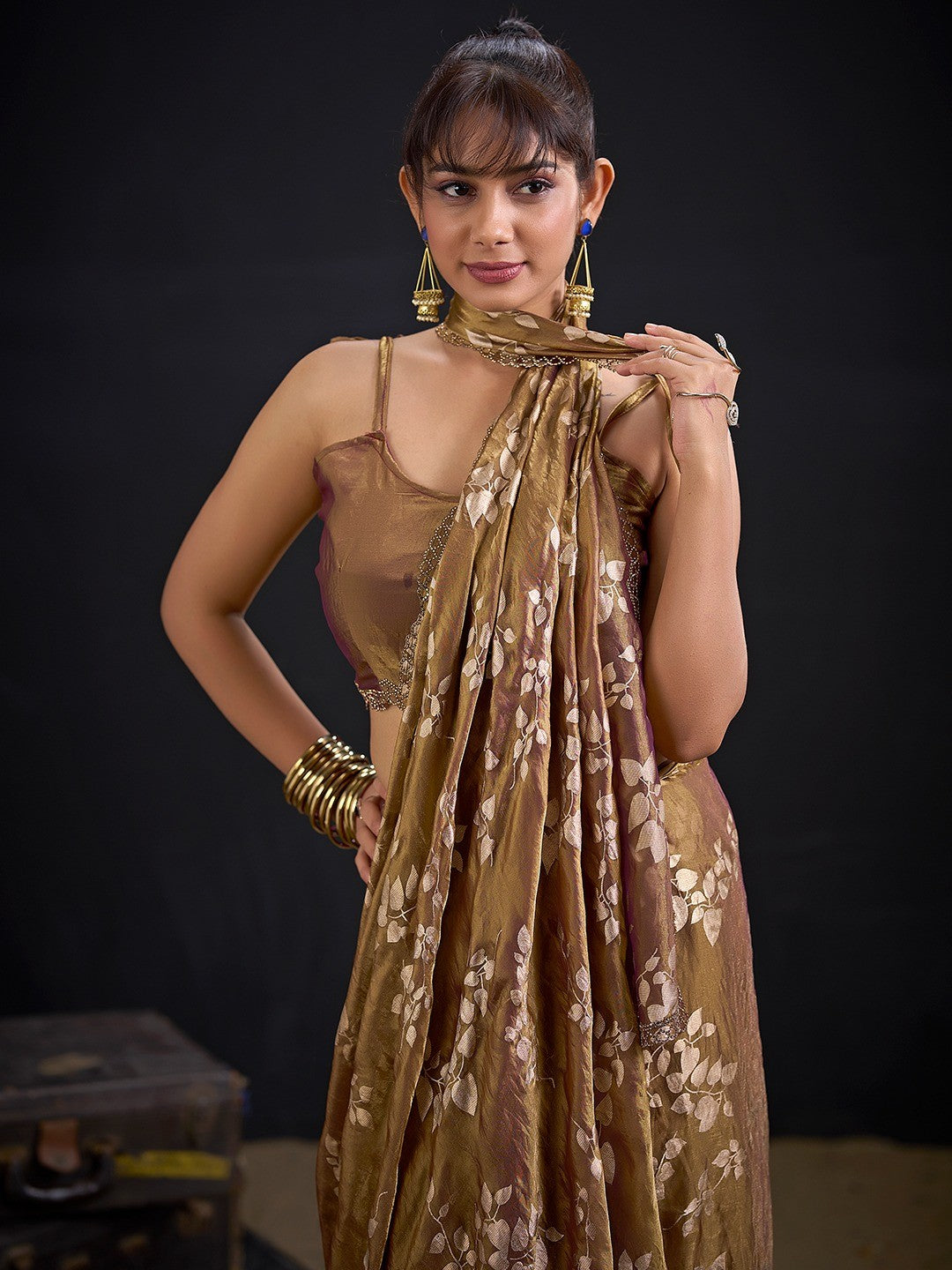 Designer Brown Satin Silk Saree With Leaf Foil Print & Stone Work Border - Image 3