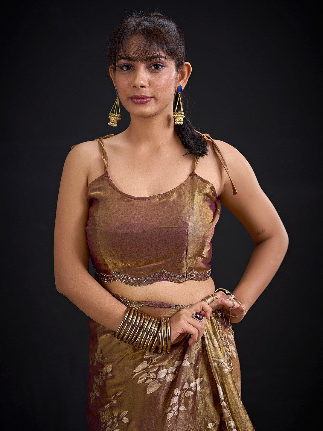 Designer Brown Satin Silk Saree With Leaf Foil Print & Stone Work Border - Image 2