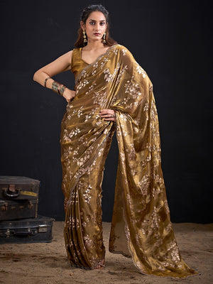 Designer Mehendi Green Satin Silk Saree With Leaf Foil Print & Stone Work Border - Image 1