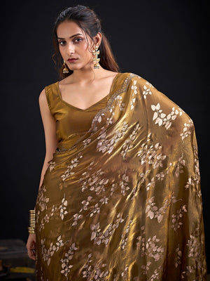 Designer Mehendi Green Satin Silk Saree With Leaf Foil Print & Stone Work Border - Image 2