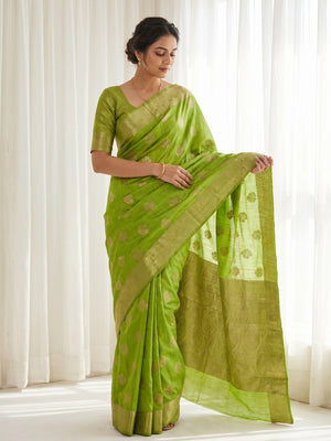 Elegant Green Cotton Silk Saree with Floral Zari Weave - Image 1