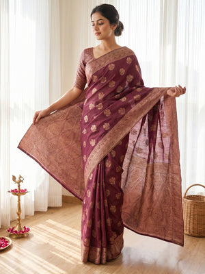 Elegant Wine Cotton Silk Saree with Floral Zari Weave - Image 1