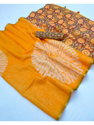 Yellow Linen Saree with White Abstract Design Lightweight Comfortable Outfit - Image 2