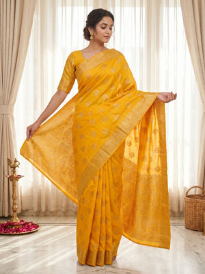 Yellow Cotton Silk Saree With Floral Zari Weave - Image 1