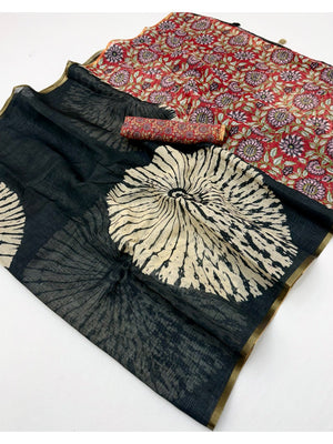 Black Linen Saree with White Abstract Design Lightweight Comfortable Outfit - Image 2