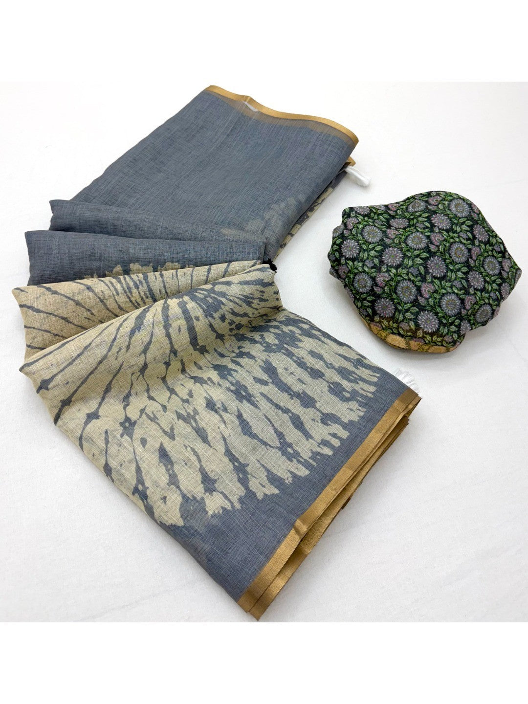 Grey Linen Saree with White Abstract Design Lightweight Comfortable Outfit - Image 3