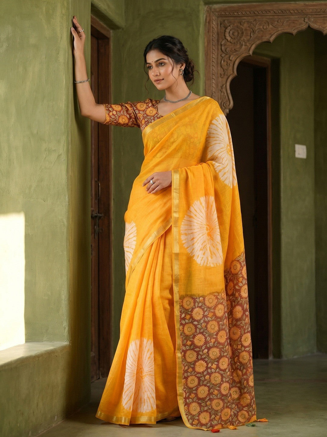 Yellow Linen Saree with White Abstract Design Lightweight Comfortable Outfit - Image 1