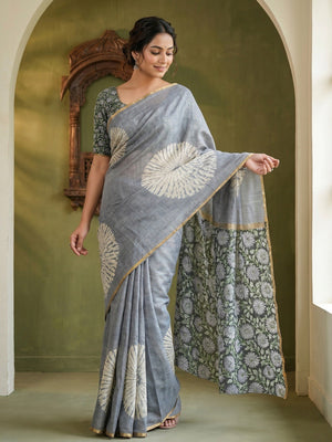 Grey Linen Saree with White Abstract Design Lightweight Comfortable Outfit - Image 1