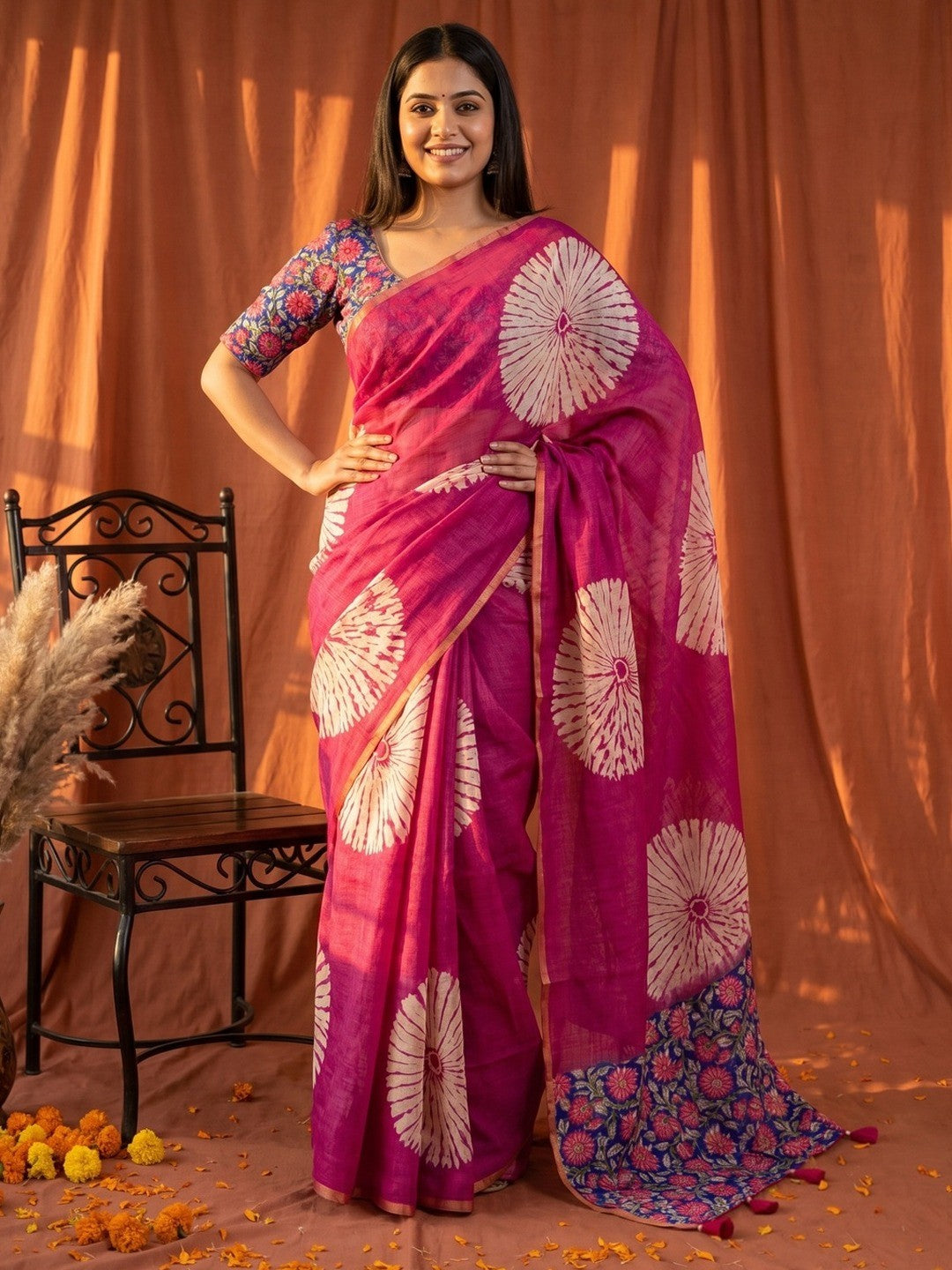 Magenta Linen Saree with White Abstract Design Lightweight Comfortable Outfit - Image 1