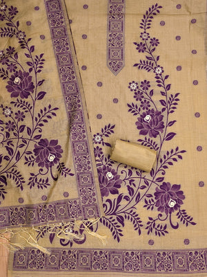 Designer Chikoo Muga Cotton Blend Jamdani Dress Material With Floral Zari Weaving - Image 2