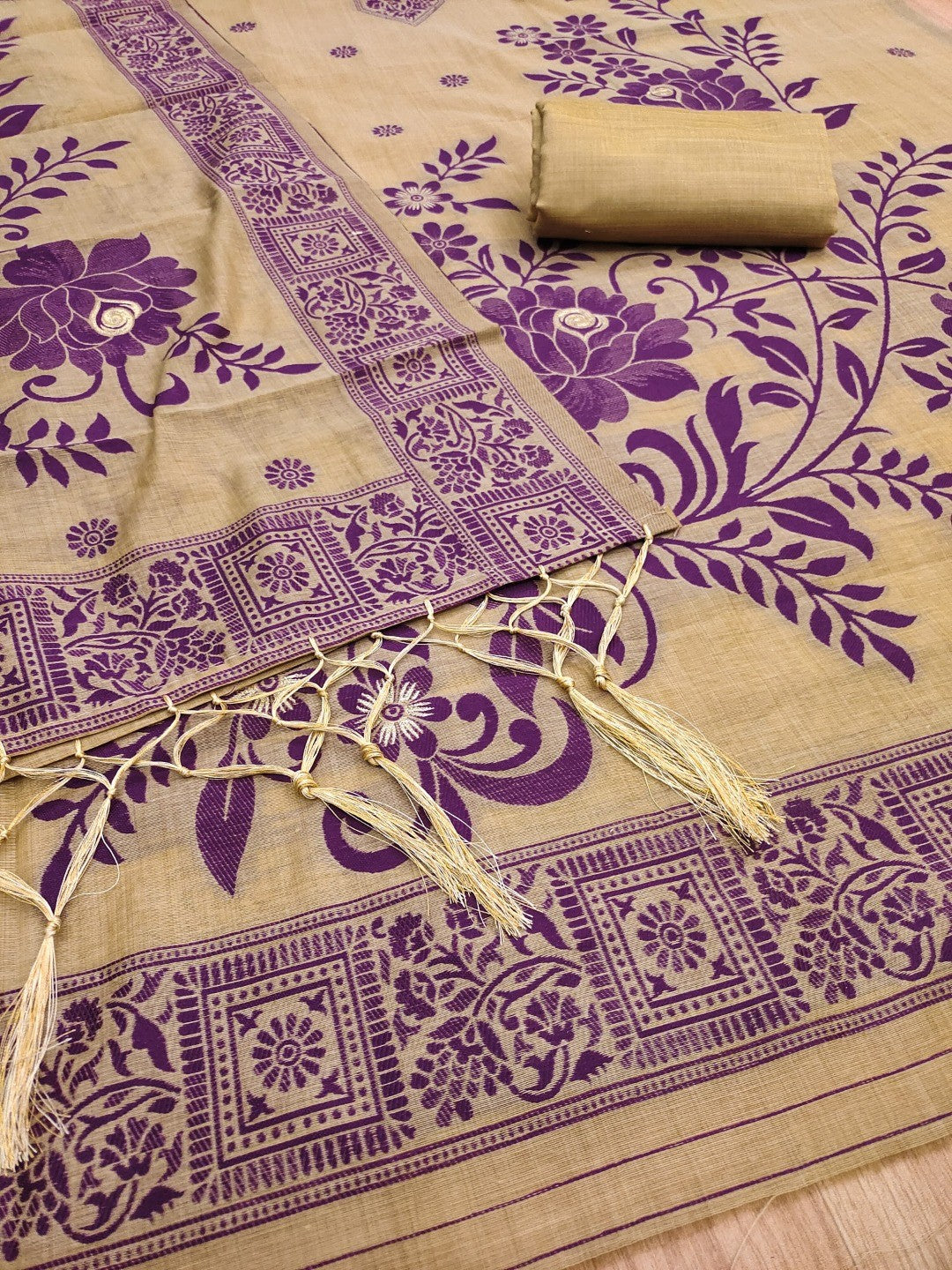 Designer Chikoo Muga Cotton Blend Jamdani Dress Material With Floral Zari Weaving - Image 4
