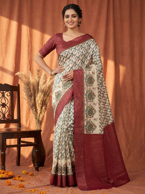 Offwhite & Maroon Pure Cotton Digital Print Saree with Woven Border - Image 1