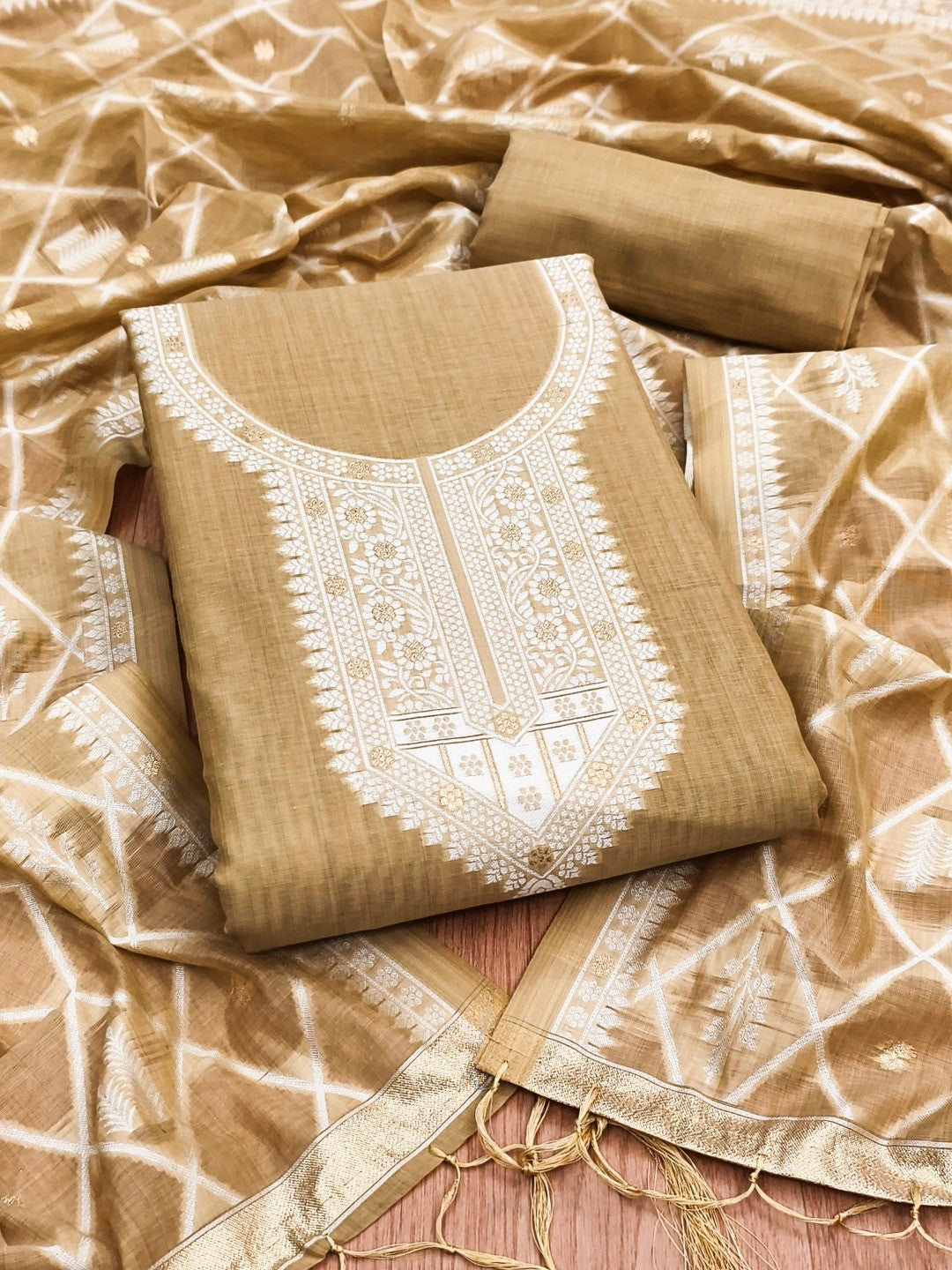 Elegant Cream Floral Zari Woven Muga Cotton Blend Jamdani Dress Material With Pichwai Design - Image 1