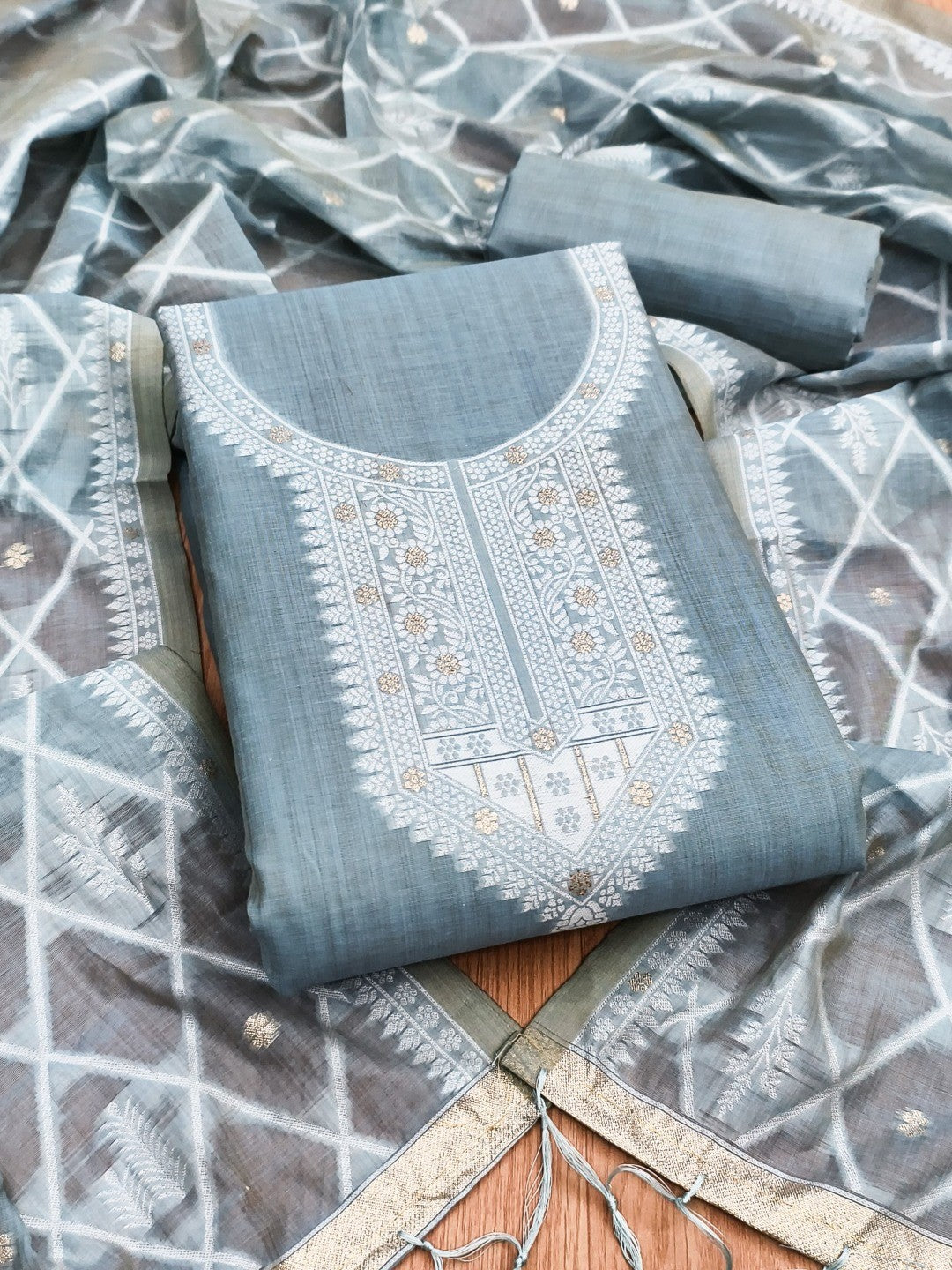 Elegant Grey Floral Zari Woven Muga Cotton Blend Jamdani Dress Material With Pichwai Design - Image 3