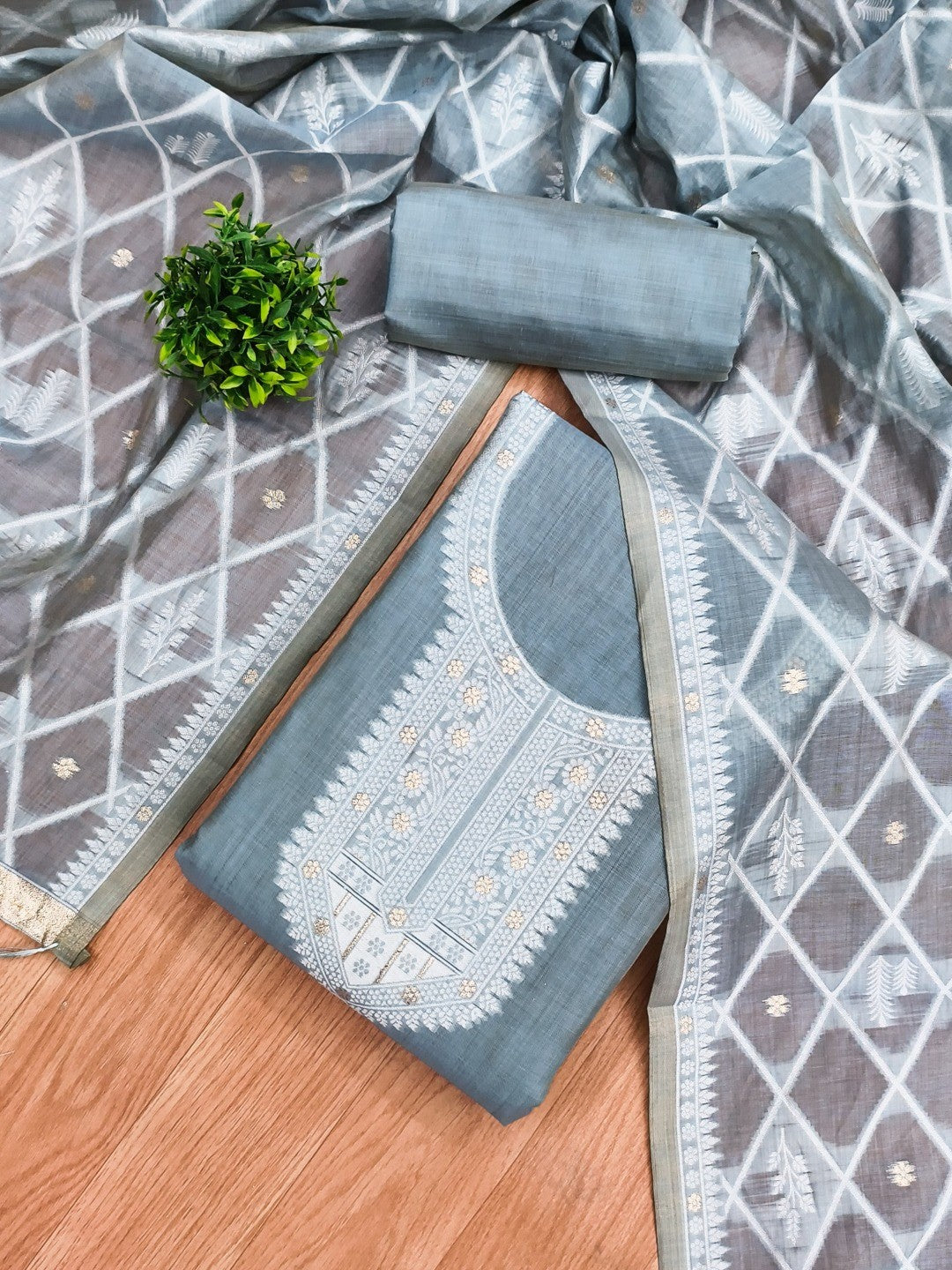 Elegant Grey Floral Zari Woven Muga Cotton Blend Jamdani Dress Material With Pichwai Design - Image 1
