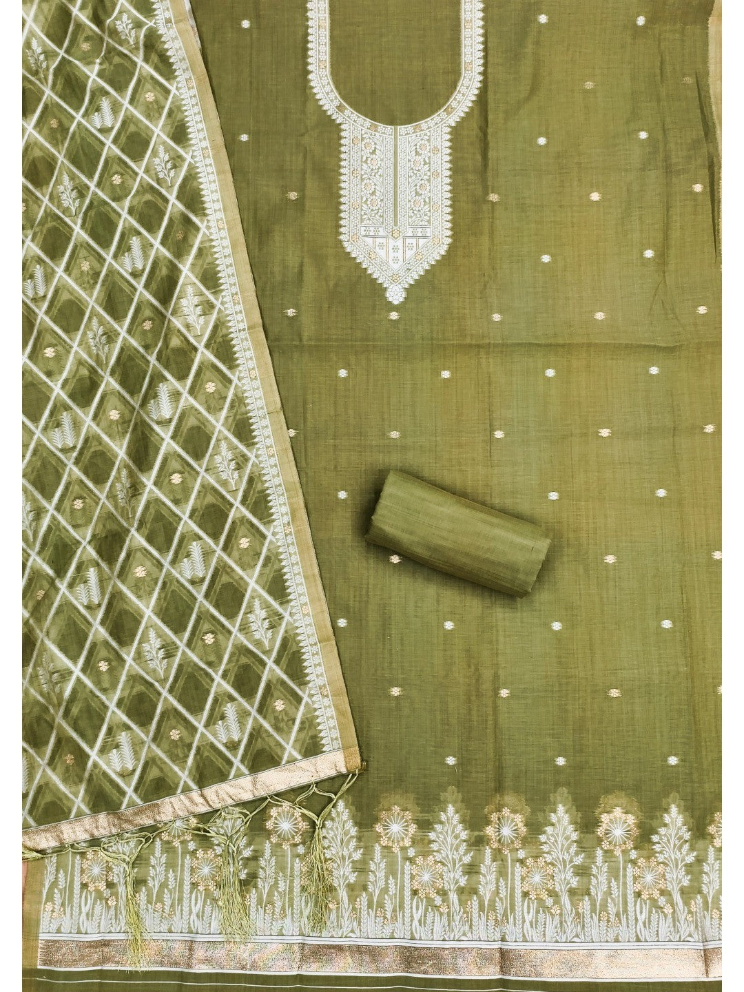 Elegant Mehendi Green Floral Zari Woven Muga Cotton Blend Jamdani Dress Material With Pichwai Design - Image 3