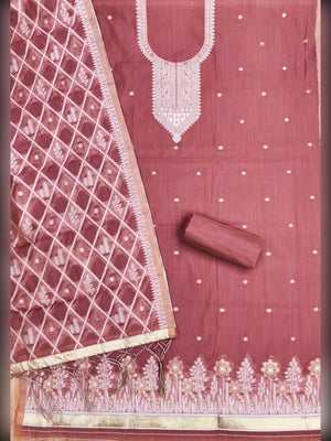 Elegant Pink Floral Zari Woven Muga Cotton Blend Jamdani Dress Material With Pichwai Design - Image 2