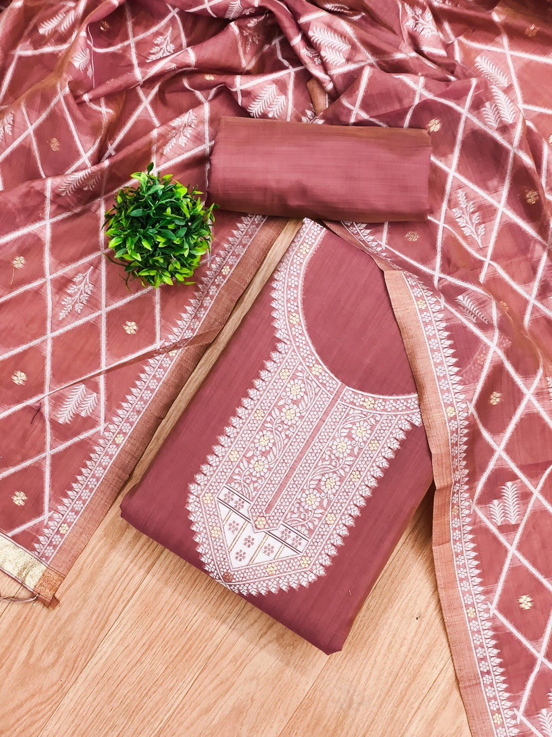 Elegant Pink Floral Zari Woven Muga Cotton Blend Jamdani Dress Material With Pichwai Design - Image 1