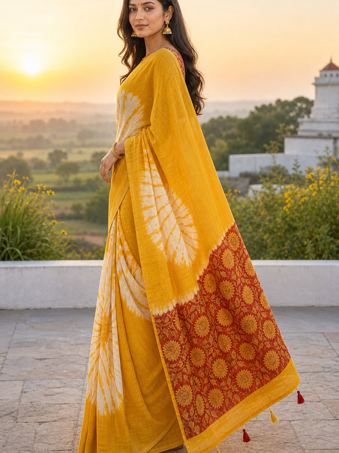 Mustard Chanderi Cotton Saree with Traditional Printed Border - Image 2