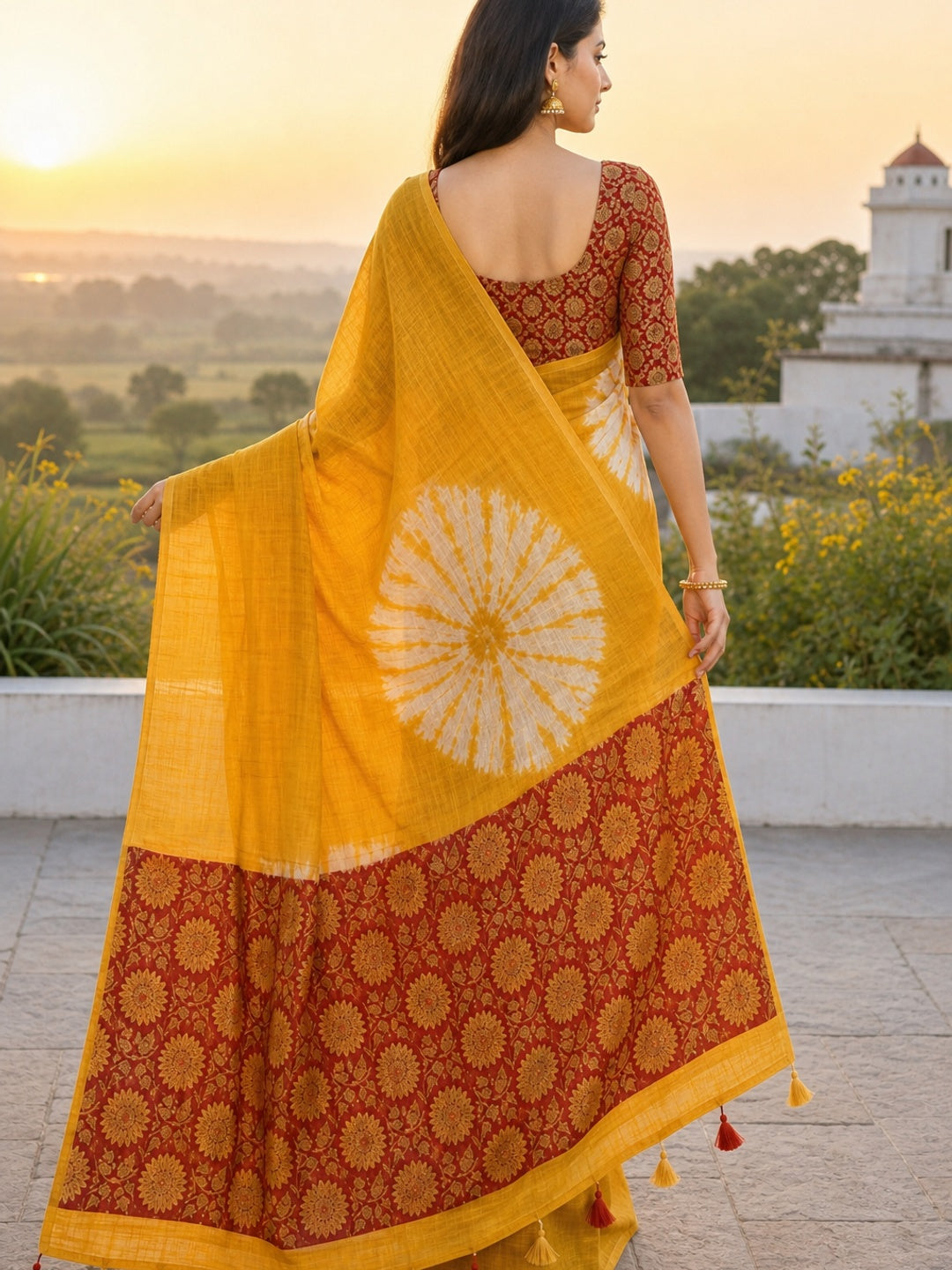 Mustard Chanderi Cotton Saree with Traditional Printed Border - Image 4