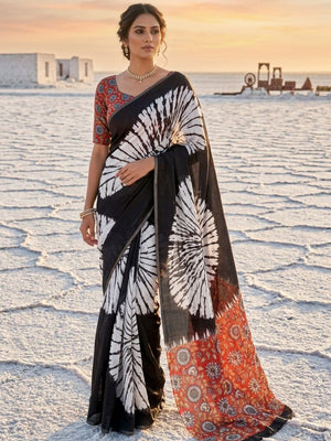 Black Chanderi Cotton Saree with Traditional Printed Border - Image 1