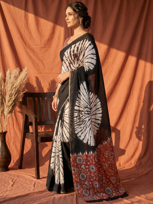 Black Chanderi Cotton Saree with Traditional Printed Border - Image 2