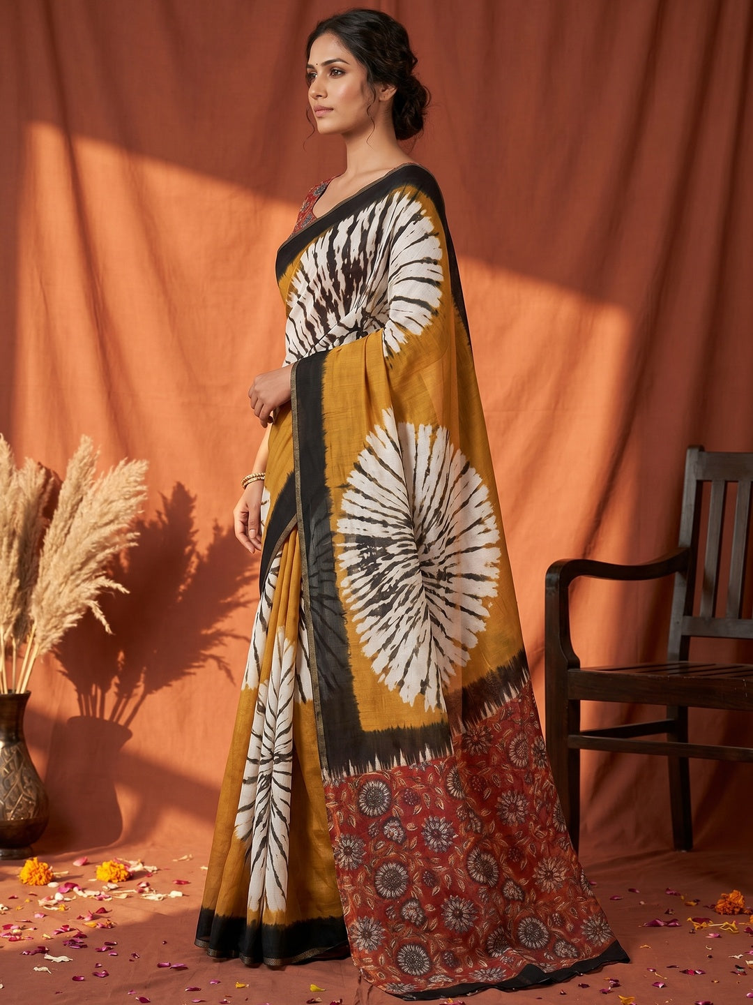 Black Chanderi Cotton Saree with Traditional Printed Border - Image 3