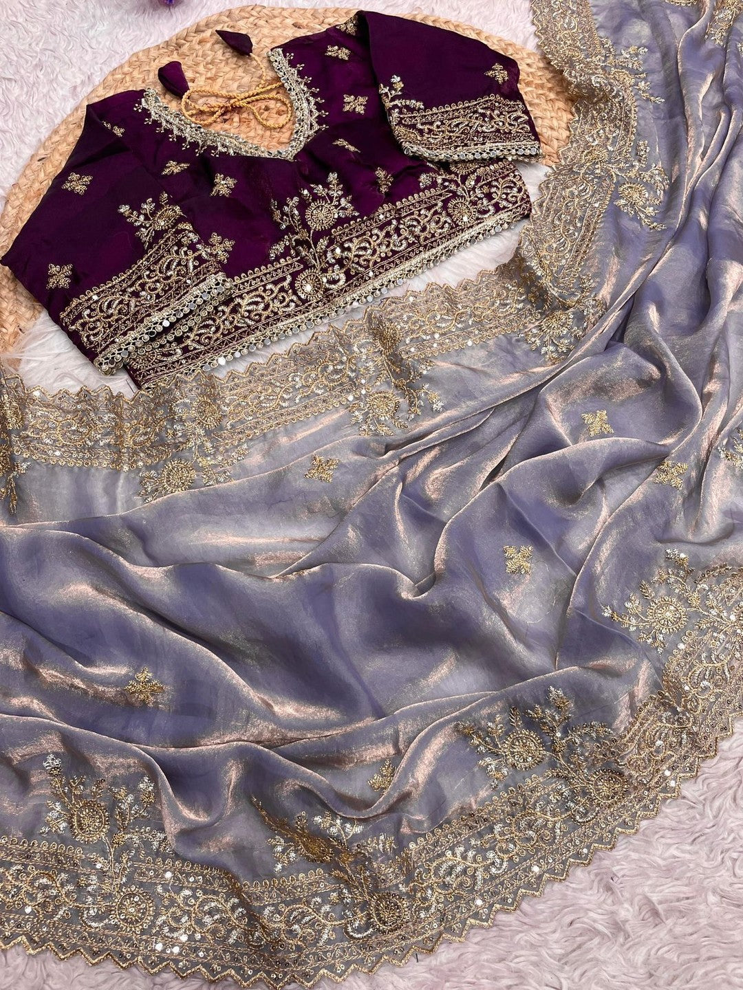 Peachmode Wine Satin Saree with Sequins Embroidery - Image 4