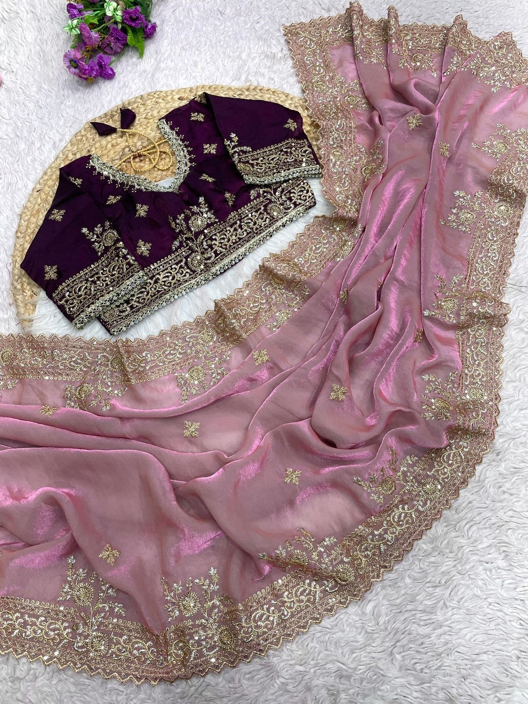 Peachmode Pink Satin Saree with Sequins Embroidery - Image 4