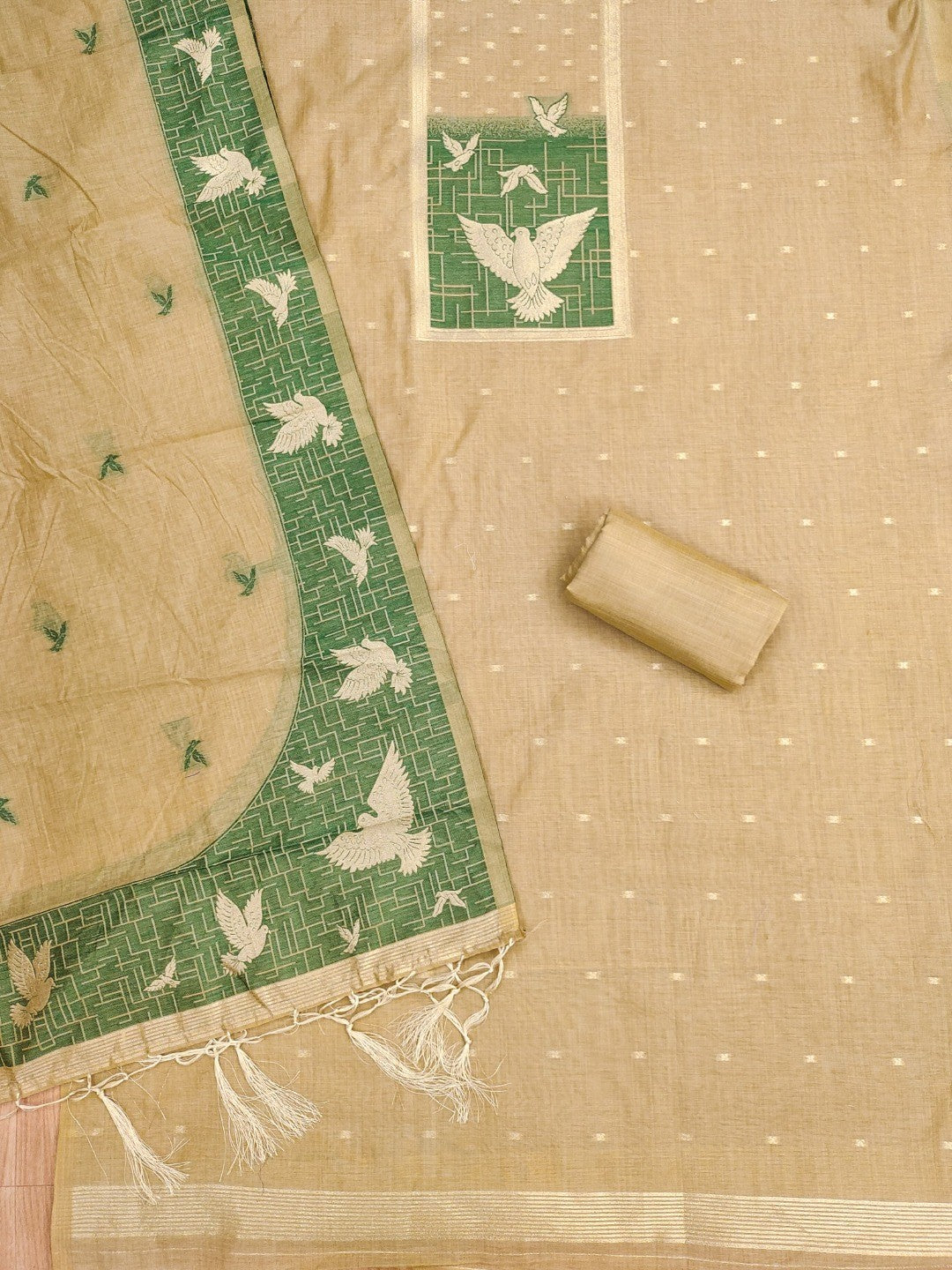 Artistic Chikoo Floral & Birds Motif Zari Weaving Muga Cotton Blend Jamdani Dress Material - Image 3
