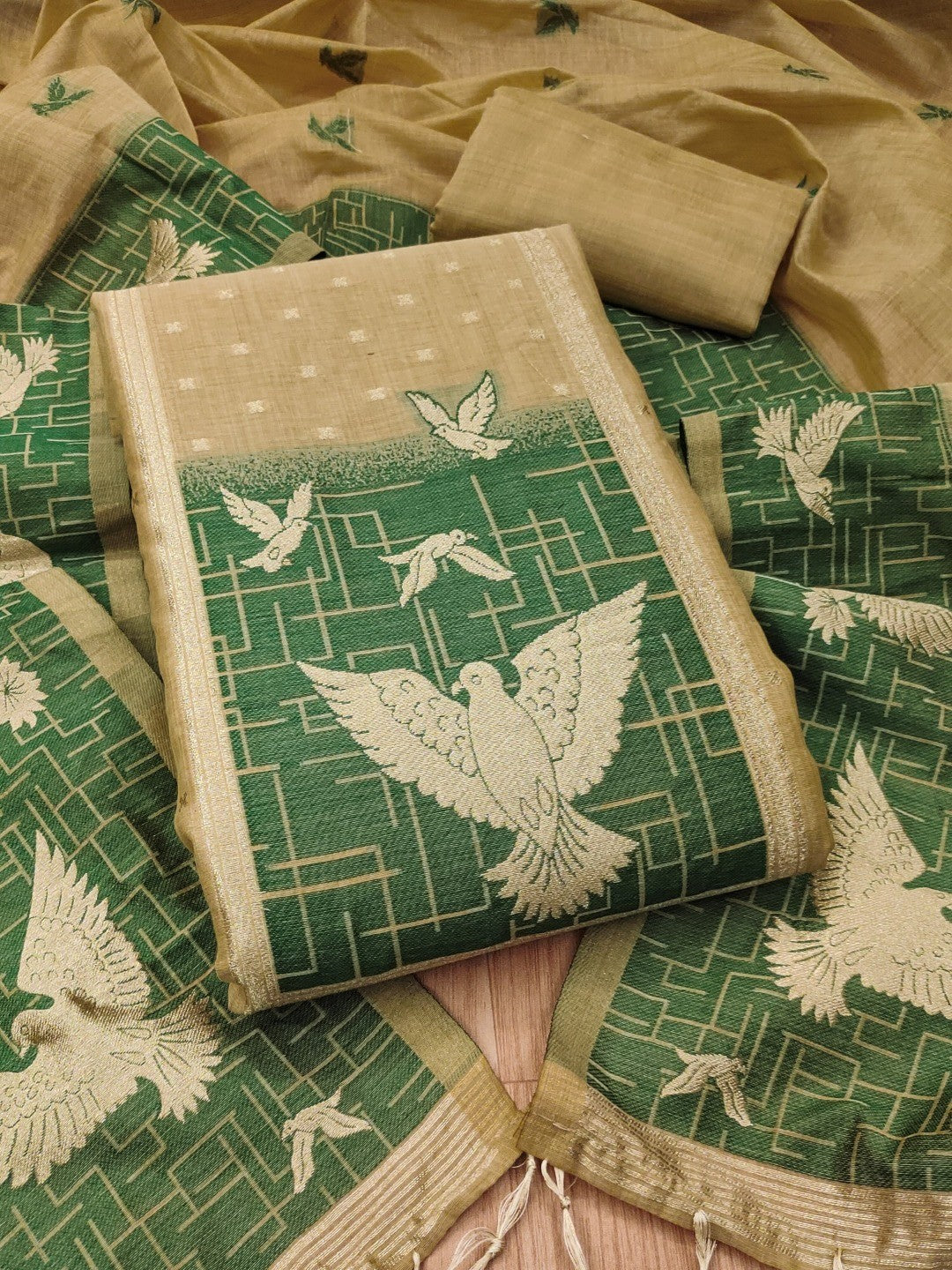 Artistic Chikoo Floral & Birds Motif Zari Weaving Muga Cotton Blend Jamdani Dress Material - Image 1