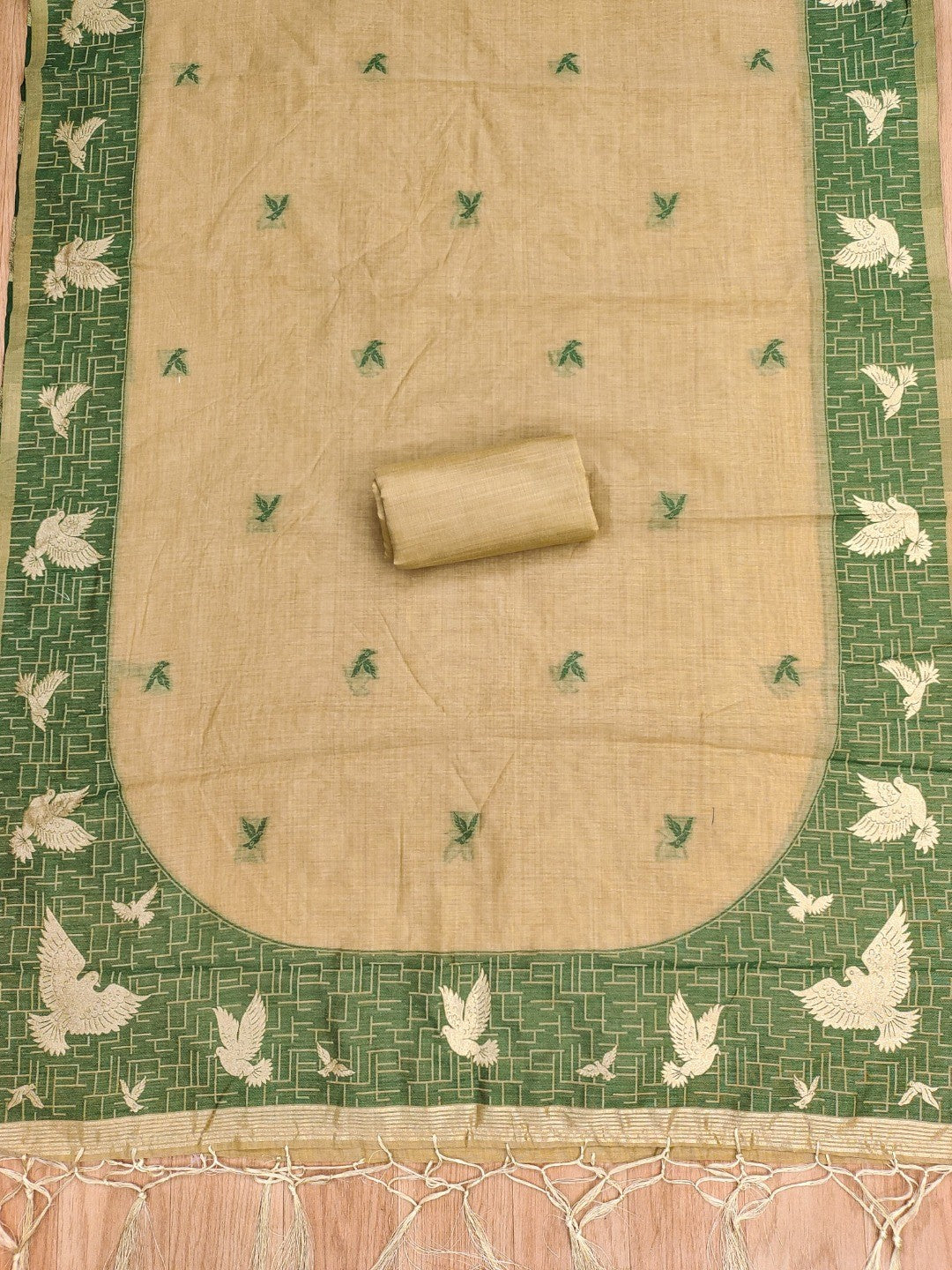Artistic Chikoo Floral & Birds Motif Zari Weaving Muga Cotton Blend Jamdani Dress Material - Image 5